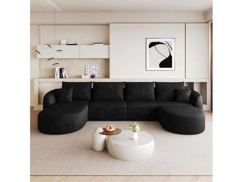 Canapé d’angle panoramique en u 6 places en chenille noire 336x168x85 cm - Conforama E