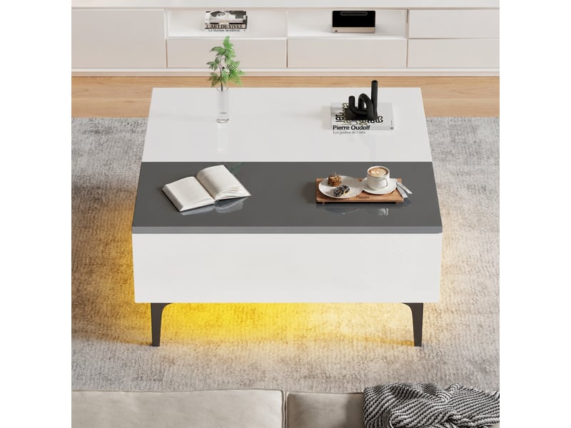 Table basse relevable avec rangement caché, led rvb, tiroir, 70 x 70 cm, blanc et gris - Conforama E