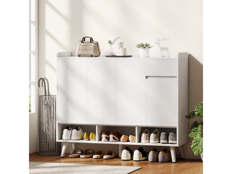  Meuble à chaussures en bois pour l'entrée, avec 4 portes à ouverture par pression, étagères réglables, tiroir, 3 compartiments ouverts, blanc  - Conforama D