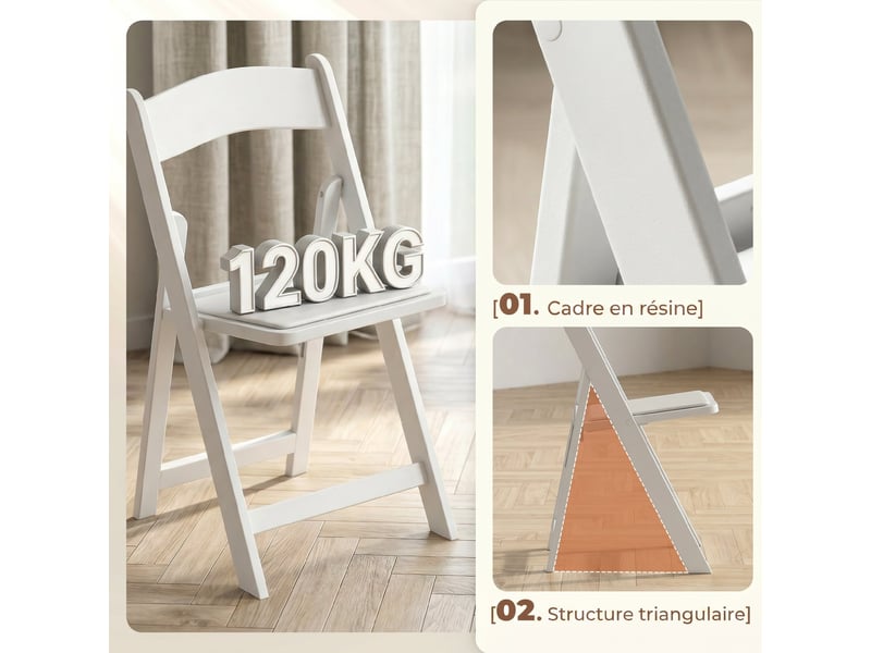  Lot de 4 chaises pliantes en résine et pu, chaises pliantes portables pour intérieur et extérieur, blanc, 45x44x78cm  - Conforama A