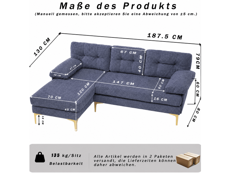  Canapé d'angle 3 places 187,5x130x79 cm méridienne réversible bois bleu, confort optimal  - Conforama C