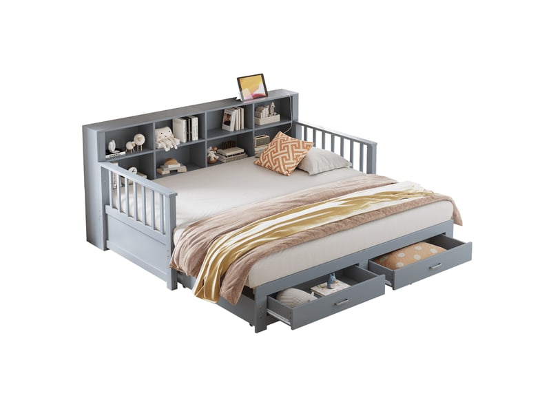 Canapé-lit extensible 90/180x190 cm avec rangements, prise et 2 tiroirs, pin gris, sans matelas - Conforama A