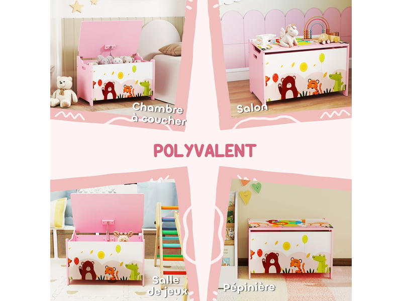  Coffre à jouet enfant coffre de rangement enfant couvercle rabattable motif animal rose 60 x 37 x 39 cm  - Conforama R
