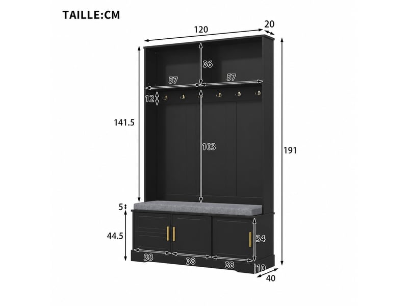  Meuble d'entrée avec banc à chaussures, 6 crochets triples et étagères ouvertes pour couloir noir 120×40×191 cm  - Conforama E