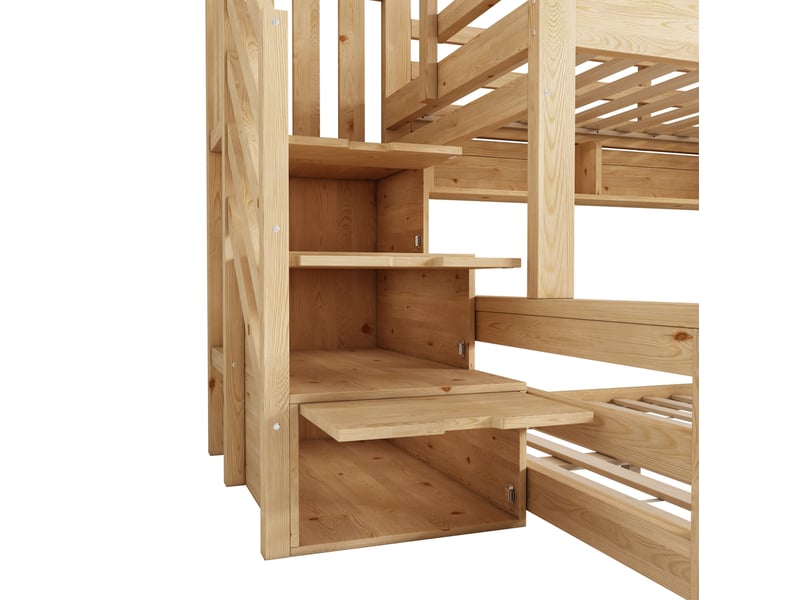 Lit superposé 90x200cm+140x200cm design moderne avec escalier armoire rangements pin couleur bois clair sans matelas - Conforama E