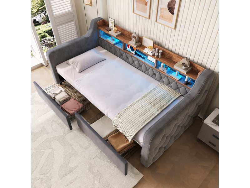  Lit une personne avec 2 tiroirs, velours, led et ports usbusb-c, gris foncé, 90x190 cm  - Conforama B