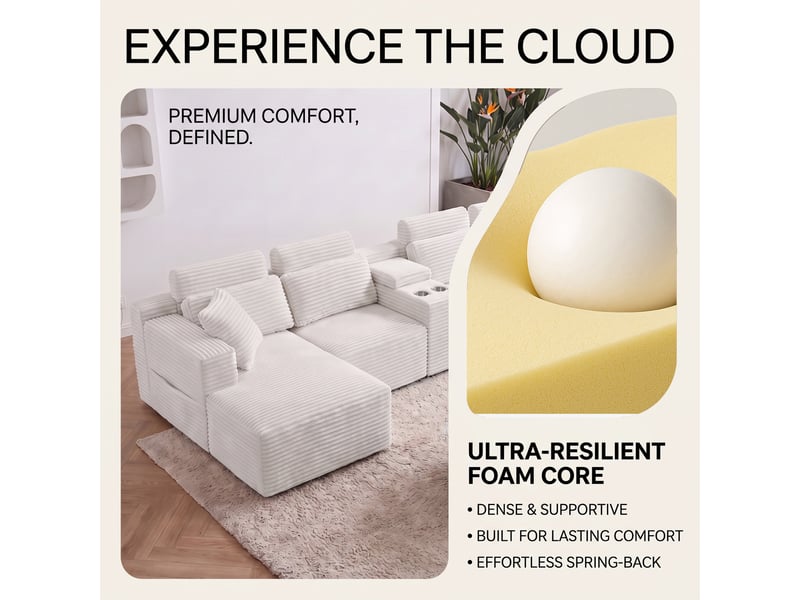  Canapé panoramique modulable compressé 6 places 372x151x80 cm, forme u, 2 porte-gobelets, sans structure, velours côtelé beige  - Conforama E