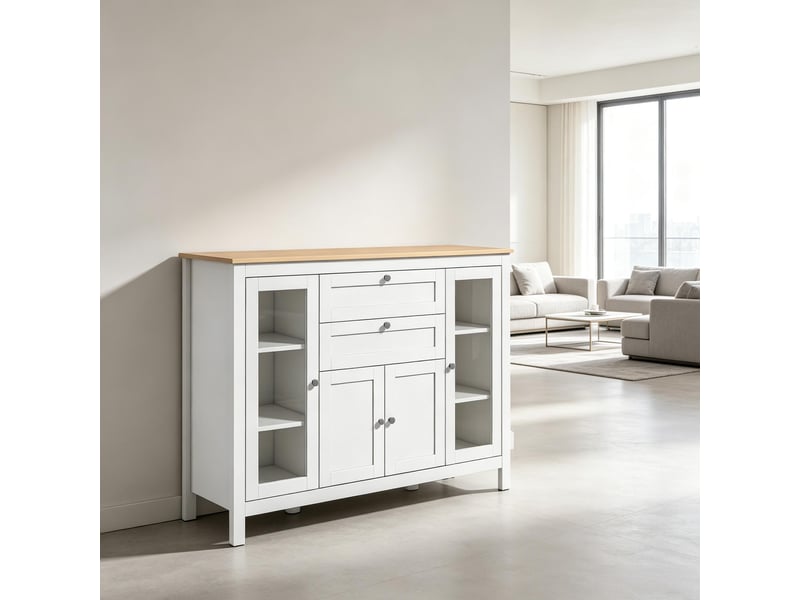  Buffet modèle modern, meuble salon avec portes vitrées, étagères réglables, rangement polyvalent 1 pièce  - Conforama E