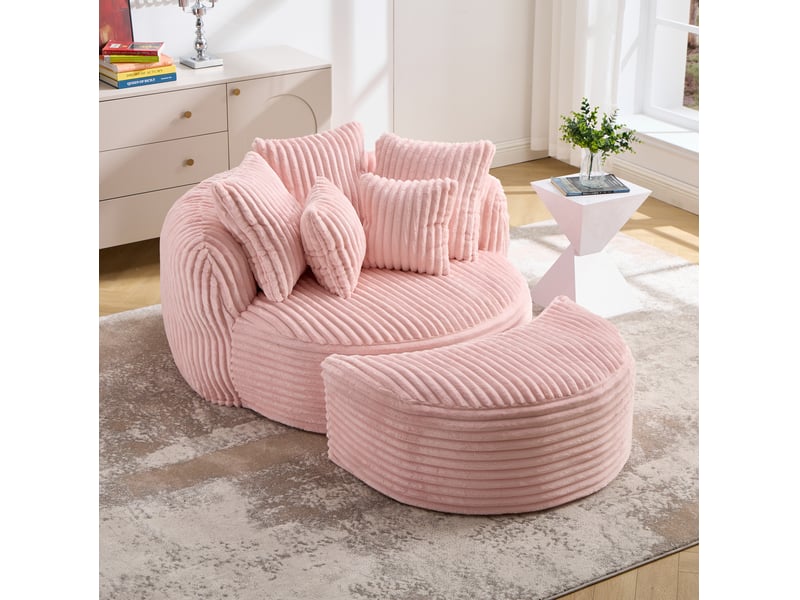  Canapé 2 places modenvie rond avec pouf, velours côtelé rose, 5 coussins, 168 x 123 x 63 cm  - Conforama B