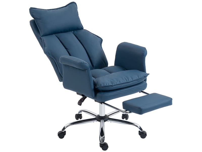 Chaise de bureau avec repose-pieds, dossier inclinable haut, rembourrage épais, revêtement en similicuir, roulettes, bleue - Conforama A