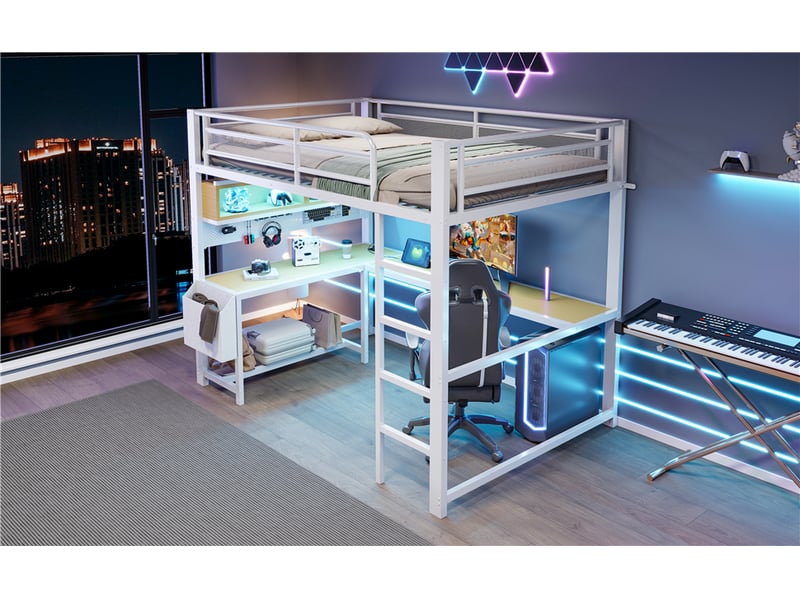 Lit mezzanine 140 x 200 cm, lit enfant surélevé, bureau intégré, étagères ouvertes, éclairage led, ports usb et usb-c, échelle, métal, blanc Morn Vibe - Conforama E