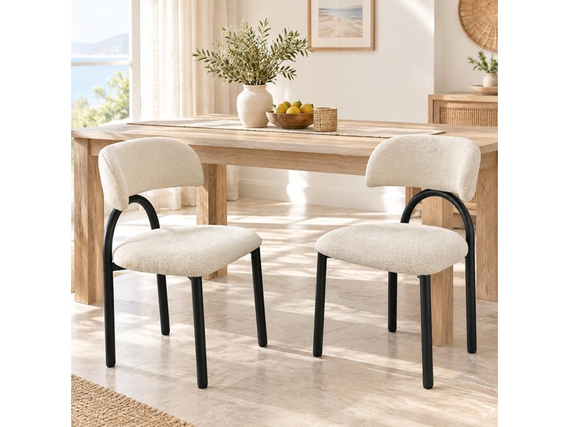  Chaises de salle à manger lot de 2 avec assise et dossier rembourrés  - piètement métal noir, tissu beige  - Conforama C