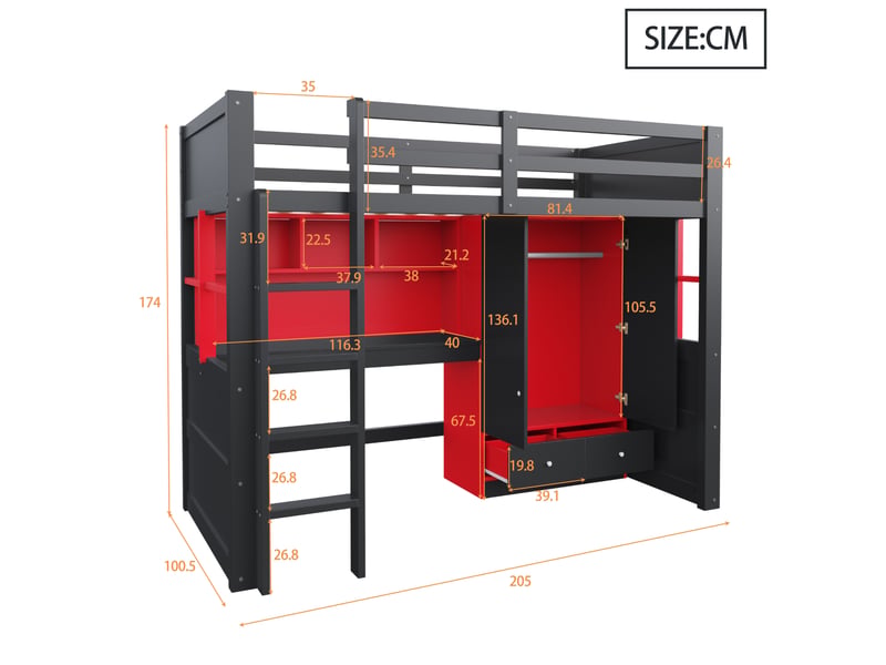  Lit mezzanine 90 × 200 cm avec bureau, armoire, tiroirs, rangements, led et prises, style gaming noir et rouge  - Conforama E
