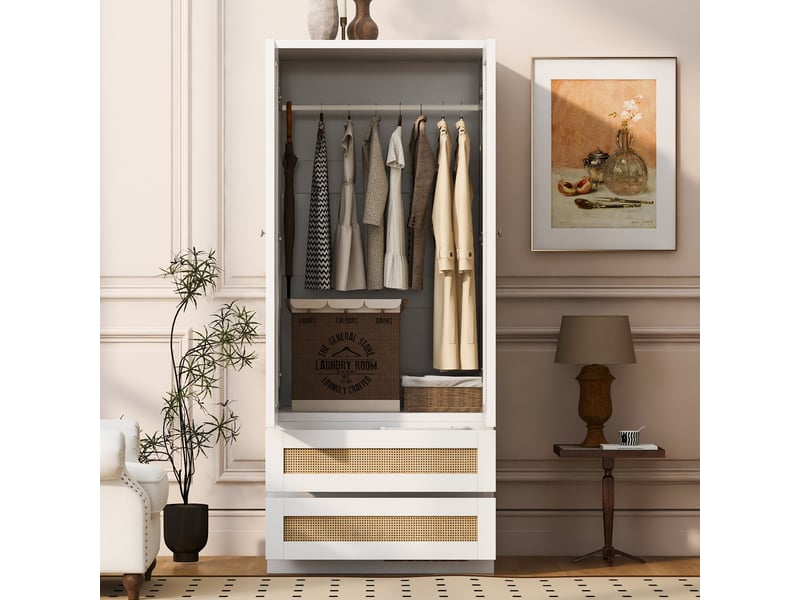  Armoire de chambre 70x55x170 cm à double porte effet rotin synthétique, avec tiroirs et compartiments de rangement, bois, blanc Sol Morn - Conforama D