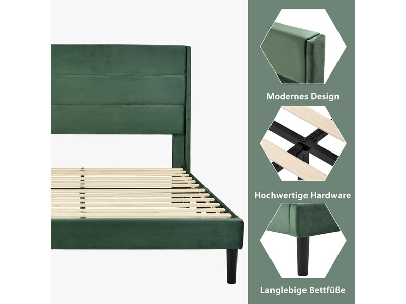  Lit double rembourré 140x200 cm, sommier a lattes et tête de lit, lit enfant rembourré, lit adulte, revêtement textile en lin, vert  - Conforama E