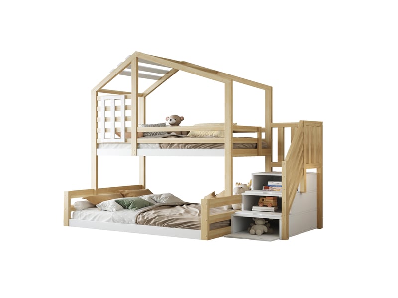  Modenvie lit superposé cabane 90x200140x200 cm - avec escalier de rangement, sans matelas - naturel  - Conforama A