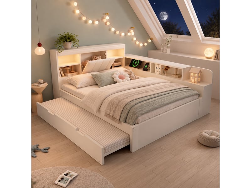  Lit gigogne 140x200 cm, couchage gigogne, tête de lit avec rangement, liseuse, usb et usb-c, sommier à lattes pour chambre - blanc  - Conforama B