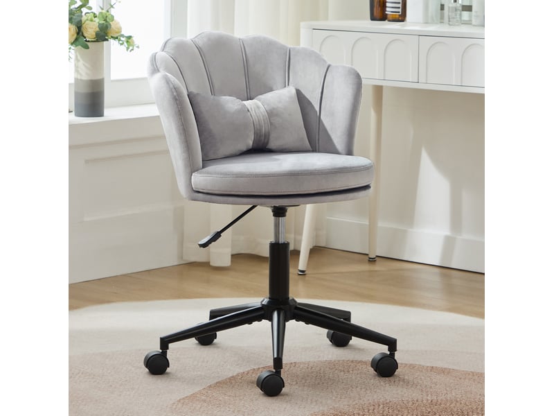  Chaise de bureau ulevr réglable en hauteur, pivotante à 360°, velours gris, dossier pétale, coussin lombaire, roulettes, 55 x 62 cm  - Conforama B