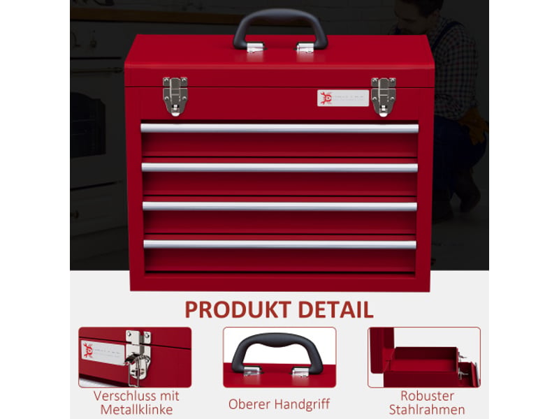  Caisse à outils vide en acier 51 × 22 × 39,5 cm, 4 tiroirs, coffre supérieur, poignée et serrure  - Conforama D