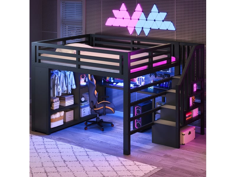  Lit mezzanine modenvie 140 x 200 cm en métal noir avec bureau, led, usb, escalier de rangement et armoire ouverte  - Conforama E