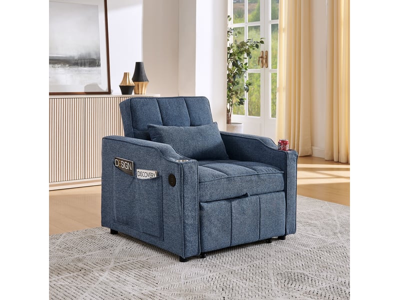  Fauteuil convertible 1 place 3 en 1 avec fonction lit, dossier réglable 3 positions, ports usb et type-c, porte-gobelet et poches latérales, en tissu et bois bleu marine  - Conforama B
