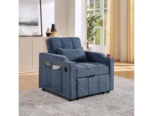 Fauteuil convertible 1 place 3 en 1 avec fonction lit, dossier réglable 3 positions, ports usb et type-c, porte-gobelet et poches latérales, en tissu et bois bleu marine