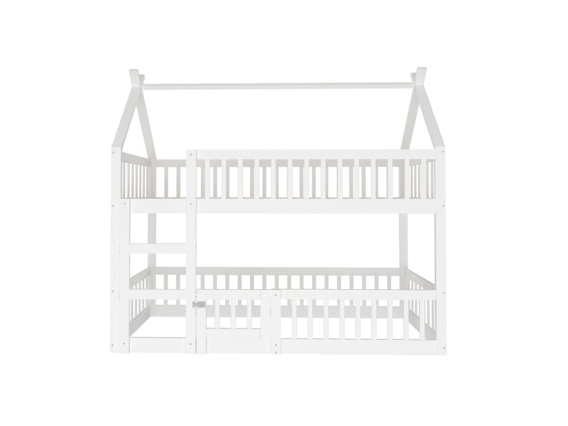  Lit superposé enfant 90x200 cm avec toit, en bois blanc sans matelas  - Conforama E