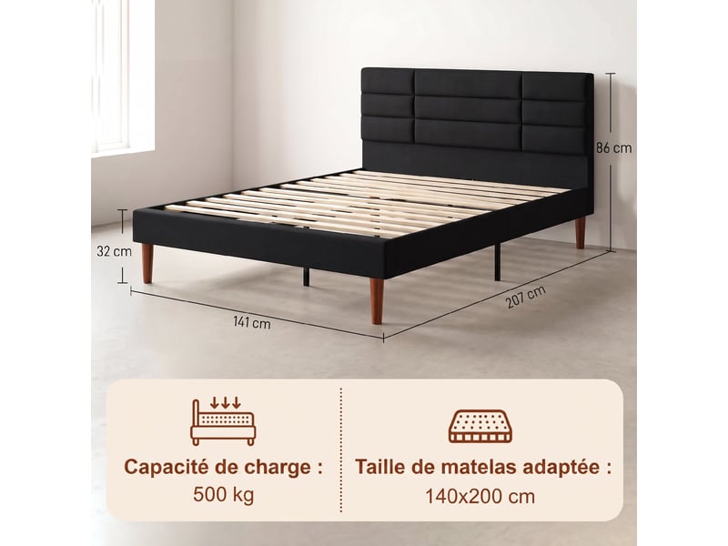 Lit double - tête de lit, pied de lit et sommier - compatible matelas 140 x 200 cm - tissu noir - Conforama B