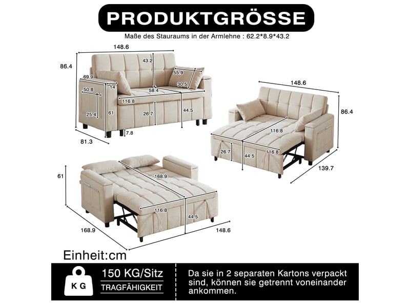  Canapé convertible - 148,6x81,3x86,4cm - canapé lit 3-en-1 en tissu chenille avec coffres de rangement - beige  - Conforama E