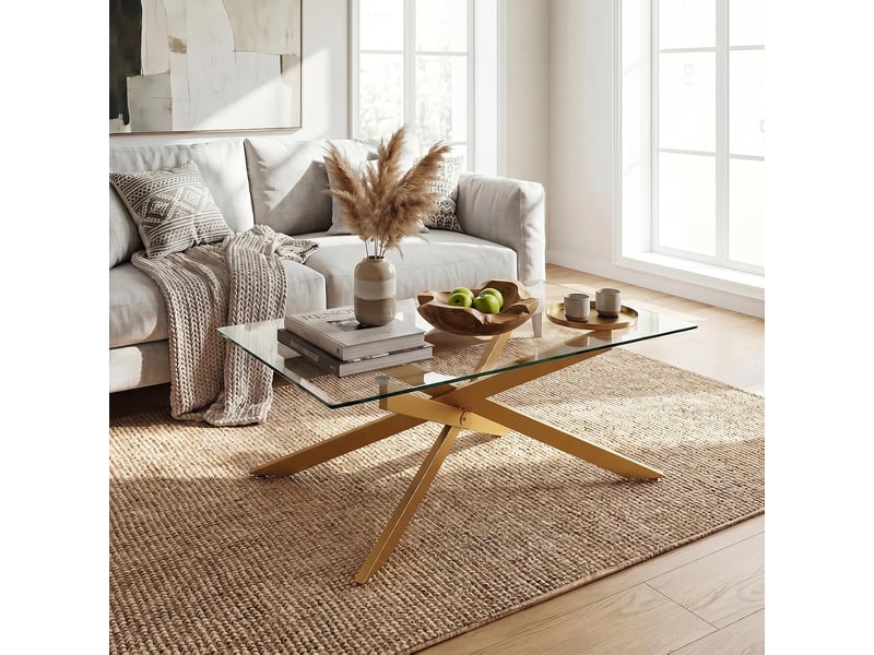  Table basse avec pieds en tubes métalliques croisés, plateau en verre trempé &amp; patins réglables, table à café style industriel, pour salon (doré)  - Conforama B