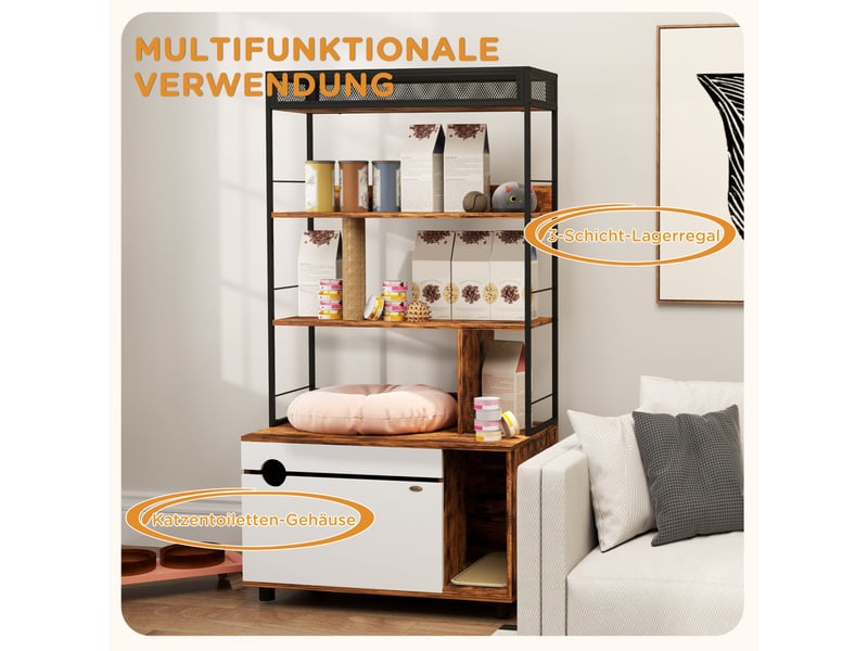  Meuble litière 2-en-1 80 x 48 x 152 cm – marron rustique – étagère 3 niveaux et griffoir intégré  - Conforama D