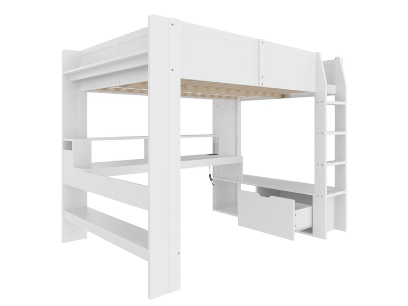  Lit mezzanine 140x200 cm avec bureau, led, tiroirs et étagères, pin, blanc, sans matelas  - Conforama D
