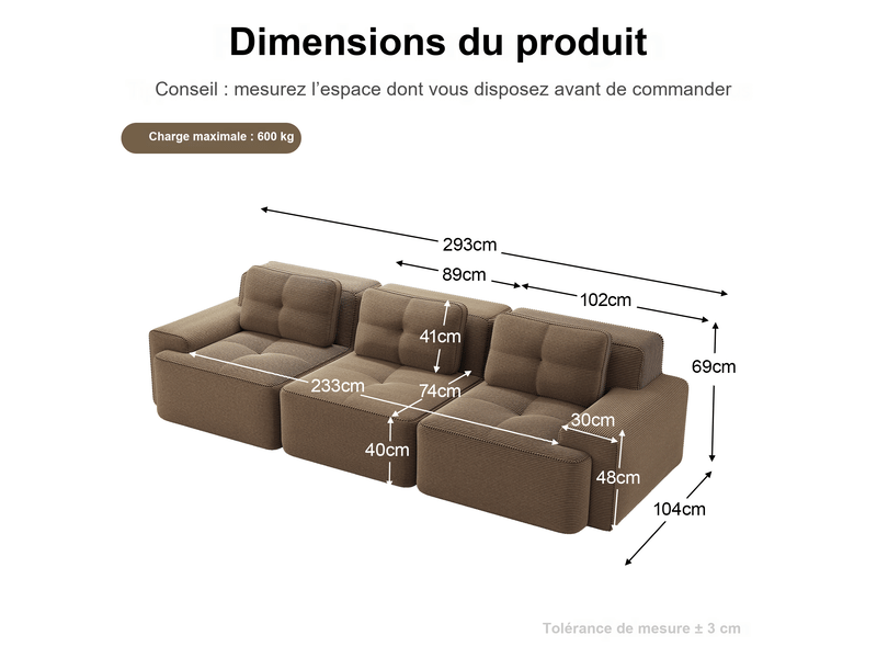  Canapé modulable 3 places en velours côtelé marron 293 x 104 x 69 cm, assise profonde, sans montage, salon W3325S00164 - Conforama C