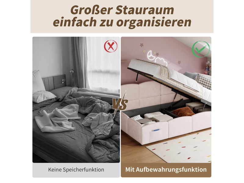 Lit coffre enfant 90x200 cm avec port usb, sac de rangement, dossier et sommier, velours, rose, sans matelas - Conforama R