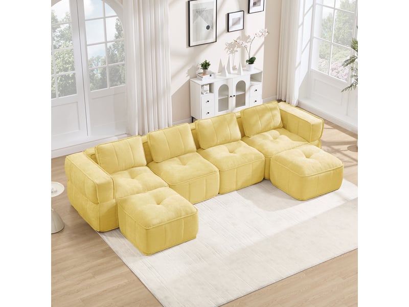  Canapé 4 places - 344x162x67cm - canapé panoramique en u avec 2 poufs repose-pieds en mousse 32d sans cadre - jaune  - Conforama C