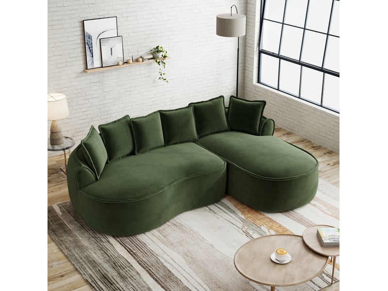 Canapé d’angle modulable 3 places en chenille vert avec méridienne 252x164 cm - Conforama D