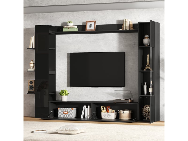  Ensemble meuble salon complet meuble tv mural noir 245 cm avec vitrine et rangements  - Conforama D