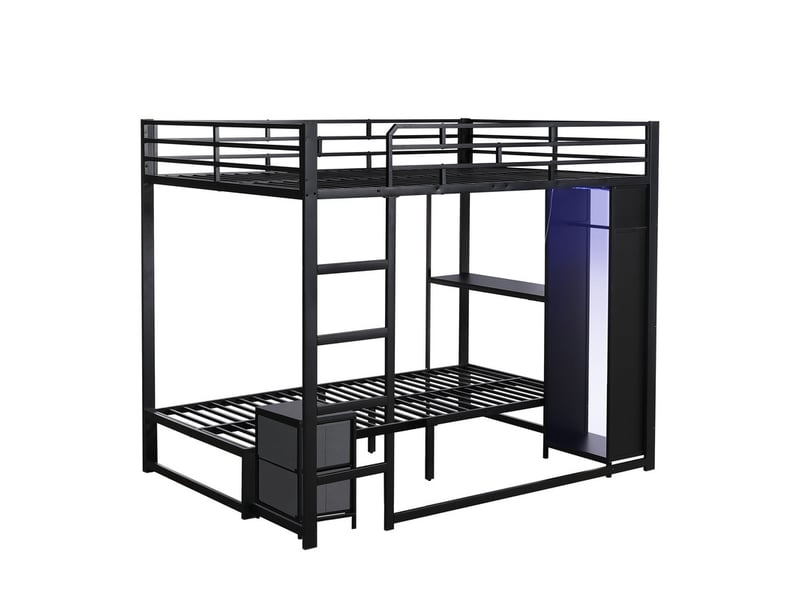  Lit superposé en métal, 140 x 200 cm + 90 x 200 cm, noir, avec table de chevet mobile, espace penderie et éclairage led  - Conforama A