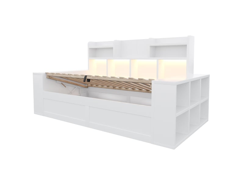  Canapé-lit multifonctionnel 90 x 200 cm blanc, mdf et contreplaqué, rangement hydraulique et éclairage led intégré  - Conforama E