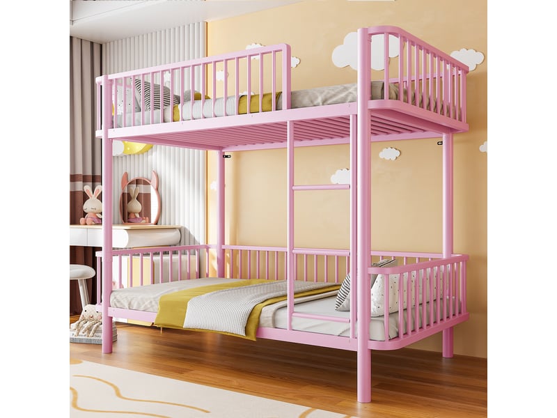  Lit superposé métallique 90x200 cm coins arrondis pieds surélevés barrière de sécurité gain de place noir rose  - Conforama D