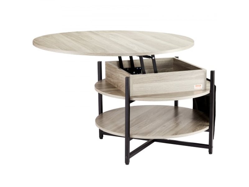  Table basse avec plateau relevable, 900 x 900 x 510 mm, table basse de salon ronde avec poches de rangement supplémentaires, capacité de 50 kg, table basse pop-up pour le salon, gris foncé  - Conforama E