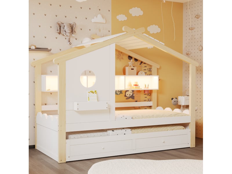  Lit enfant maison 90x200cm lit gigogne 90x190cm, 2 tiroirs, led, charge, style moderne, bois, blanc+naturel sans matelas  - Conforama E