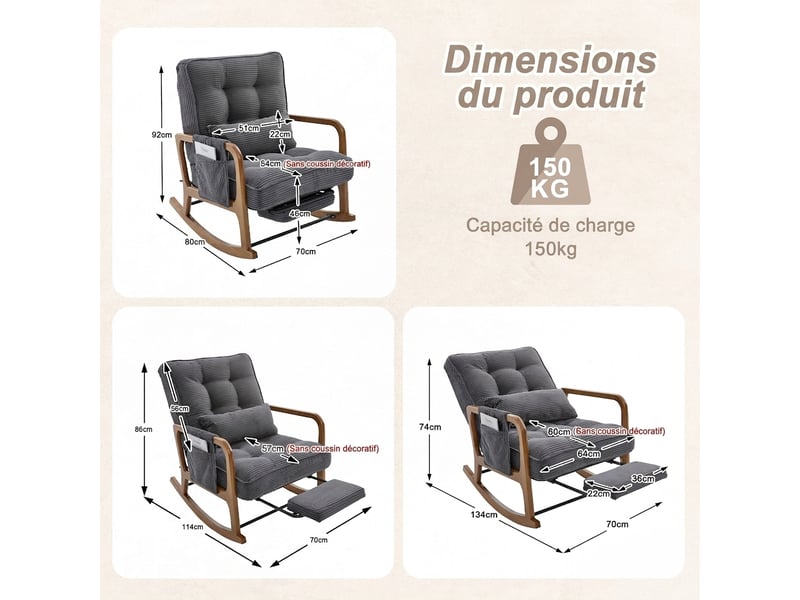  Fauteuil à bascule gris en velours côtelé avec repose-pieds intégré et dossier réglable - 70x80x92cm  - Conforama C