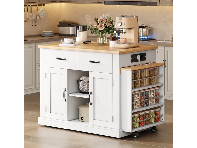 Îlot de cuisine mobile avec table extensible jusqu'à 235 cm, blanc et effet chêne - Conforama B