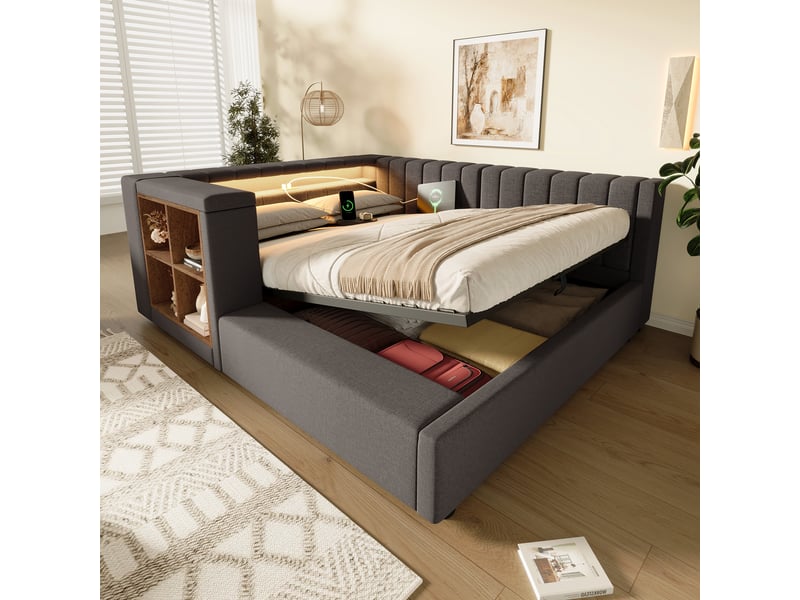  Lit banquette coffre 140x200 cm, banquette-lit, ouverture hydraulique, éclairage led, ports usb et type-c, sommier à lattes, lin gris CozyNest - Conforama B