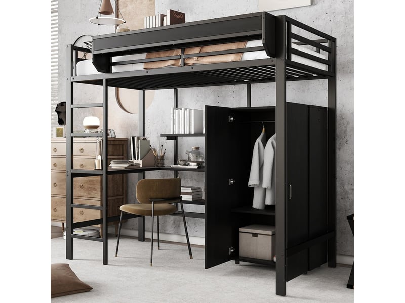  Lit mezzanine 90x200cm avec bureau et armoire - lit simple - etagères, escalier 5 marches, métal noir, gain de place  - Conforama B