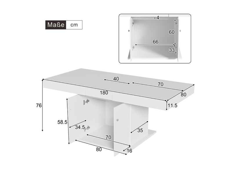 Table à manger extensible,table à manger rectangle avec grande armoire de rangement et 2 poignées de transport,140180x80x76,blanc table blanc - Conforama C
