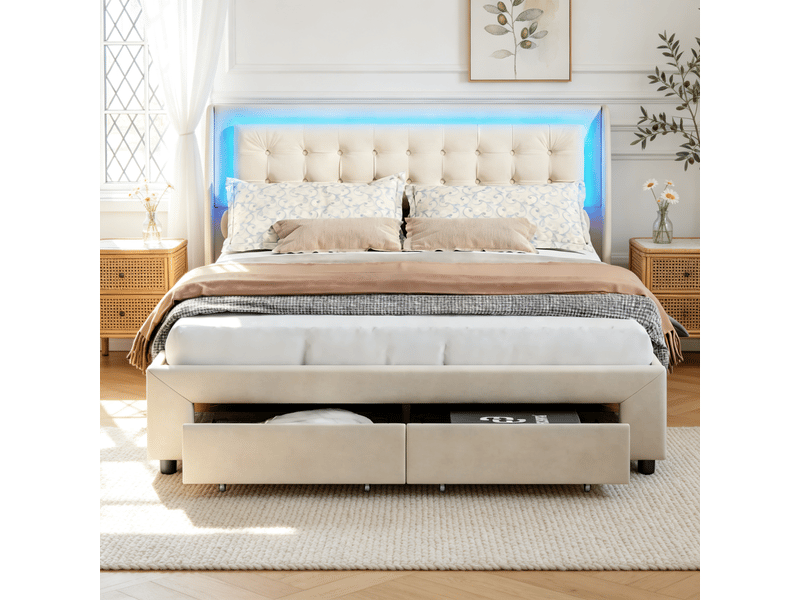 Lit coffre 140x190 cm en velours beige avec led rgb et rangement hydraulique - 2 tiroirs, sommier à lattes inclus, structure renforcée 300 kg - Conforama C