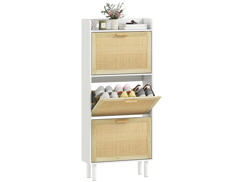  Meuble à chaussures 3 portes abattants étagère effet résine tressée design bohème 65 x 24,5 x 153 cm blanc  - Conforama A