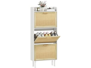 Meuble à chaussures 3 portes abattants étagère effet résine tressée design bohème 65 x 24,5 x 153 cm blanc